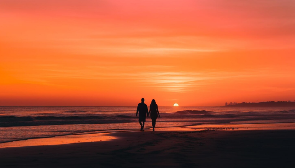 Couples enjoying a beachfront walk while exploring what to do in Sanur Bali for couples