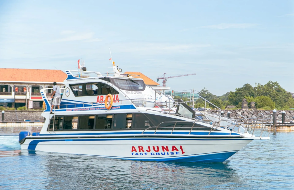 Travelers boarding a ferry from Sanur to Nusa Penida for a day trip adventure.